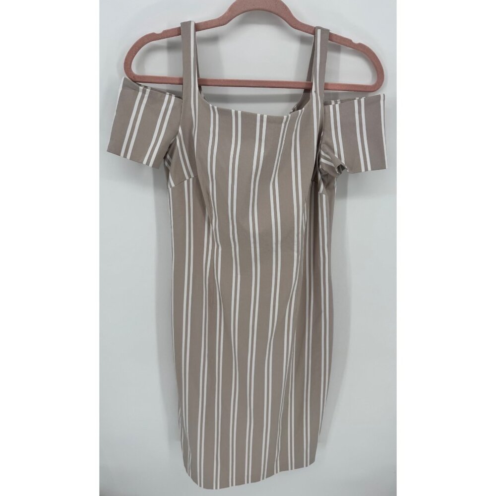 Calvin Klein Womens Striped Beige & White Off-Shoulder Bodycon Dress
